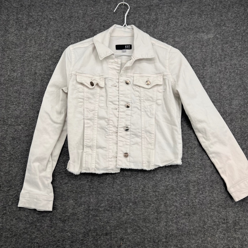 KUT from the Kloth Womens White Raw Hem Denim Trucker Jacket Size XS Cropped - Picture 2 of 10